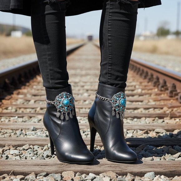 Women 2PCS Silver Metal Boot Chain Bracelet Shoe Anklets Turquoise Flower Ethnic - Picture 16 of 17